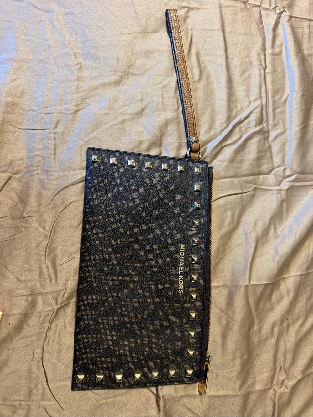 Michael Kors Black Logo Print Studded Wristlet with Tan Strap